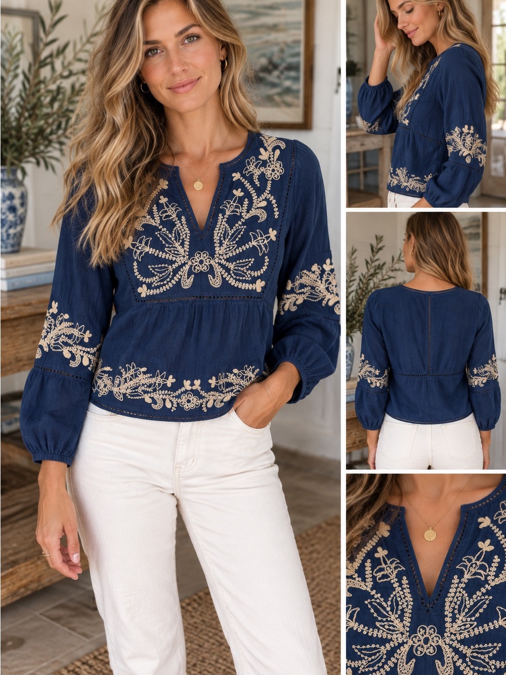 Misa Los Angeles Navy Embroidered V-Neck Blouse